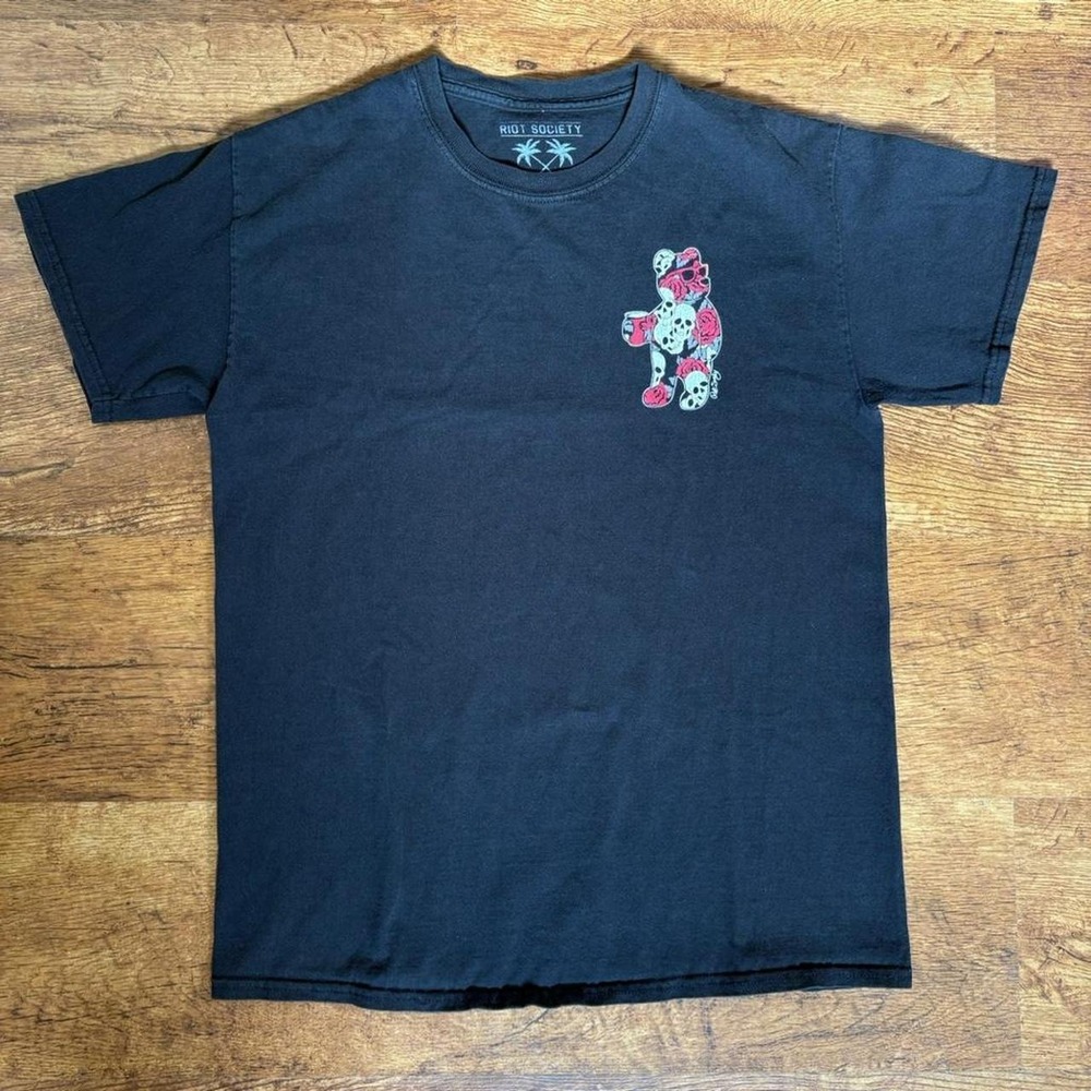 Riot Society Faded Black Skull Bear Rose Graphic T-Shirt Mens Medium Skater Tee
